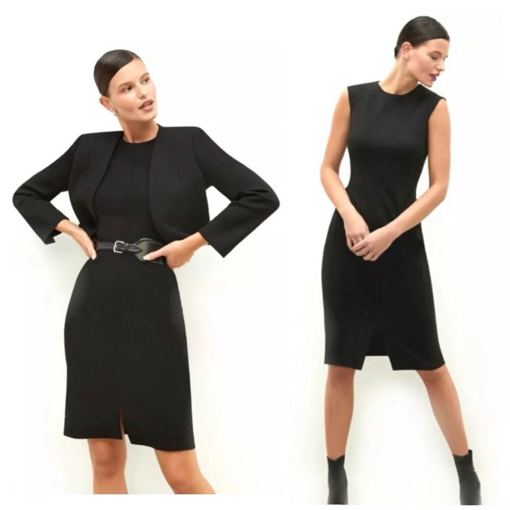 M.M. LaFleur NY LBD Black Front Slit Ponte Stretch Midi Dress Extended Sleeve 4